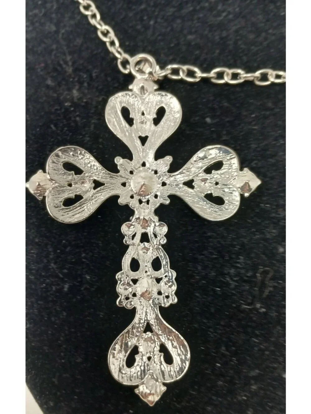 SilverTone Filigree Cross W/ Hearts Necklace Clear Rhinestones Statement 32" #J1 - Picture 5 of 6